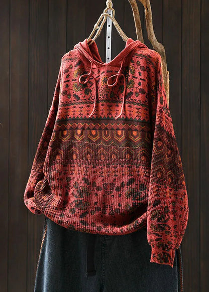 Khaki Hooded Print Cotton Knit Sweater Tops Spring