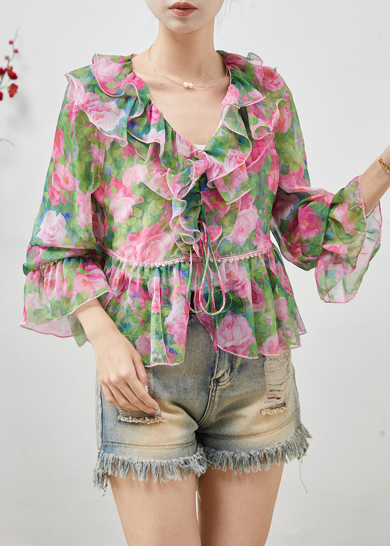 Green Ruffled Print Chiffon Shirts Spring