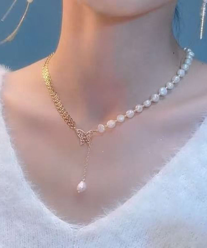 Gold Alloy Zircon Pearl Butterfly Ear of Wheat Pendant Necklace