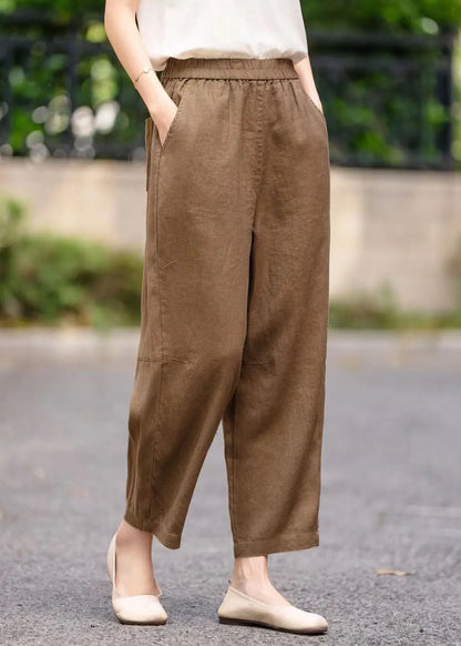 Coffee Elastic Waist Linen Harem Pants Summer