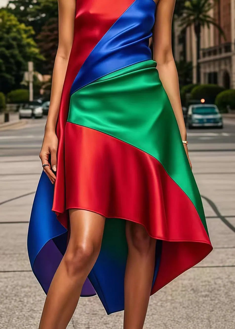 Multicolor Asymmetrical Patchwork Silk Strapless Dress Summer