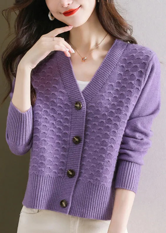 Orange V Neck Button Wool Knit Cardigan Winter