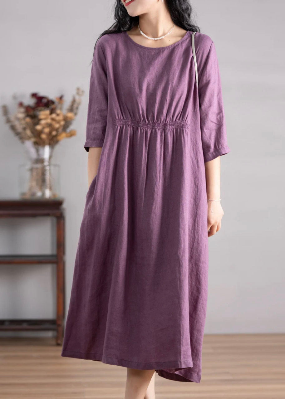 Blue O Neck Pockets Wrinkled Linen Dresses Summer