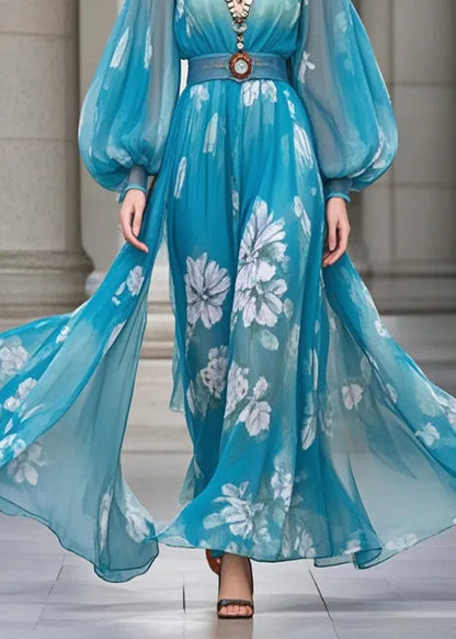 Blue Cinched Print Chiffon Robe Dresses Lantern Sleeve