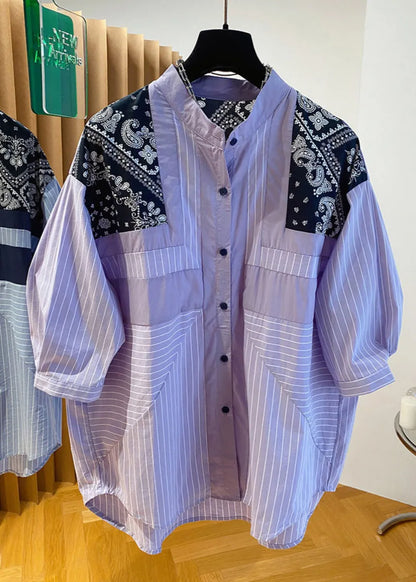 Blue Stand Collar Print Patchwork Shirt Fall