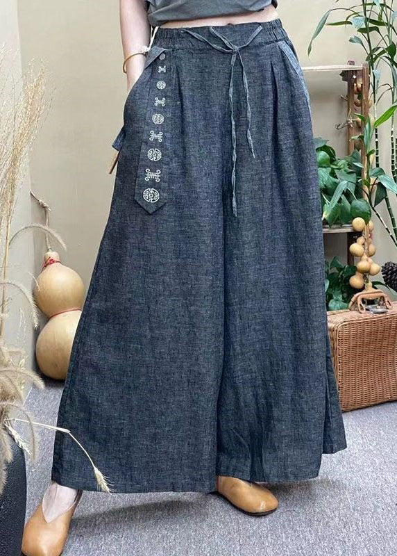 Grey Elastic Waist Drawstring Pockets Linen Wide Leg Pants Summer