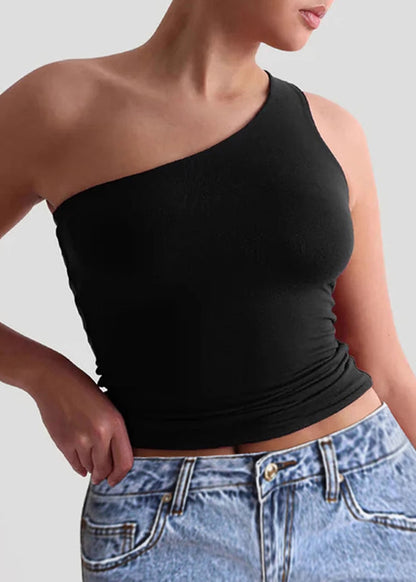 Italian White One Shoulder Slim Fit Tank Top Summer