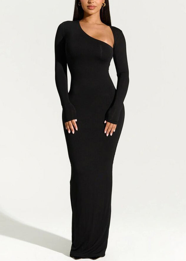 Italian Black Slash Neck Slim Fit Cotton Long Dress Spring