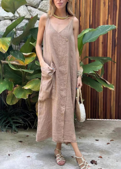 Khaki V Neck Pockets Cotton Spaghetti Strap Dress Summer