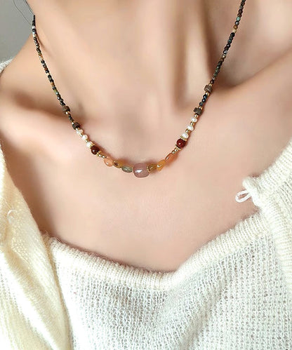 Retro Rainbow Alloy Pearl Natural Stone Beading Gratuated Bead Necklace