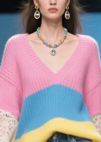 Stylish Rose Oversized Patchwork Lace Knit Pullover Fall