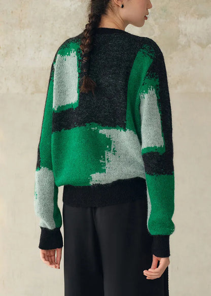 Green Geometric Button Patchwork Woolen Knit Coat Fall