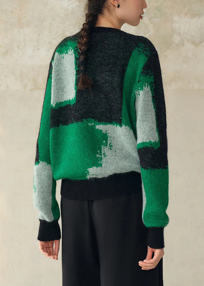 Green Geometric Button Patchwork Woolen Knit Coat Fall