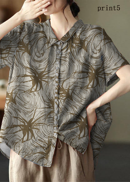 Print4 Peter Pan Collar Pockets Patchwork Ramie Cardigan