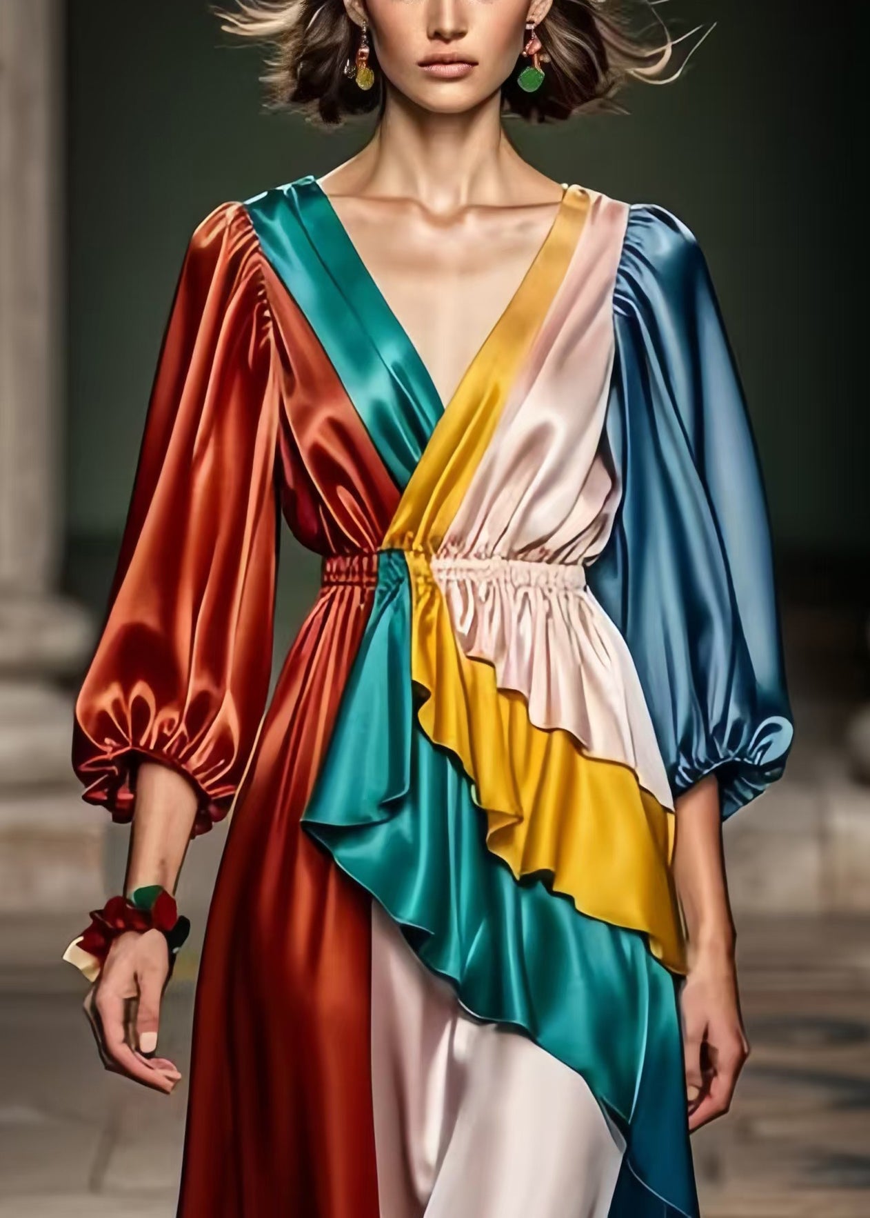 Diy Colorblock Elastic Waistpatchwork Silk Long Dress Bracelet Sleeve