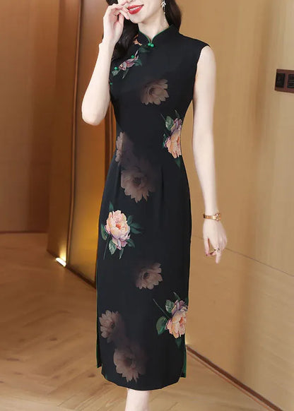 Black Stand Collar Print Side Open Chiffon Dresses Sleeveless