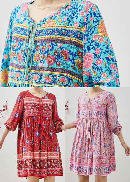 Fine Pink Tasseled Print Cotton Beach Dresses Fall