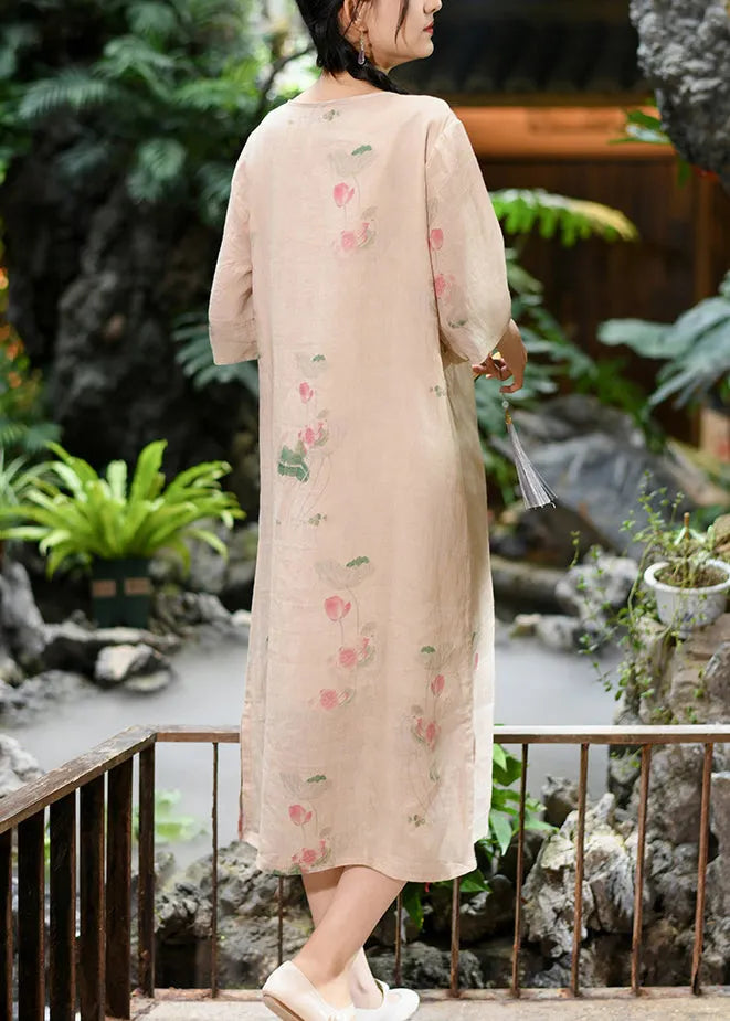 New Pink O Neck Print Linen Long Dress Summer