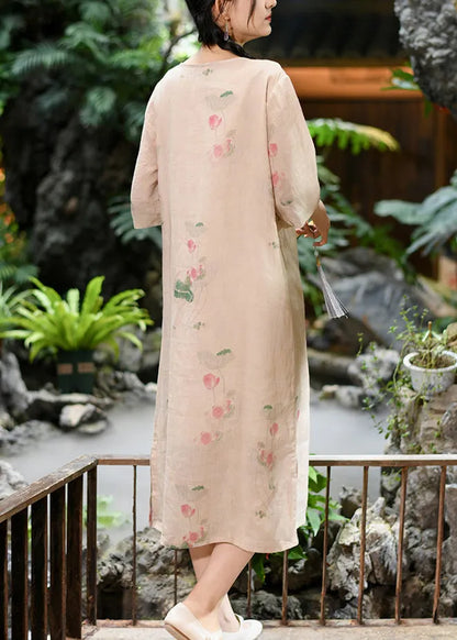 New Pink O Neck Print Linen Long Dress Summer