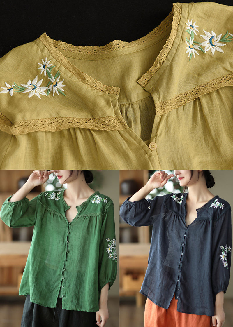 Green V Neck Embroidered Linen Top Bracelet Sleeve