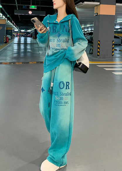 Blue Letter Sweatshirt and Pants Warm Fleece Two Pieces Set Hooded