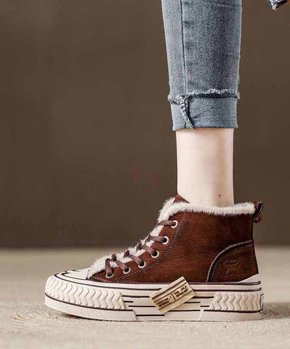 Splicing Platform Flats Red Cowhide Leather Fuzzy Wool Lined