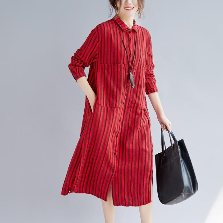 Fine Red Long Cotton Linen Shirt Dress Turn-down Collar Side Open Fine Long Sleeve Pockets Cotton Linen Shirt Caftans