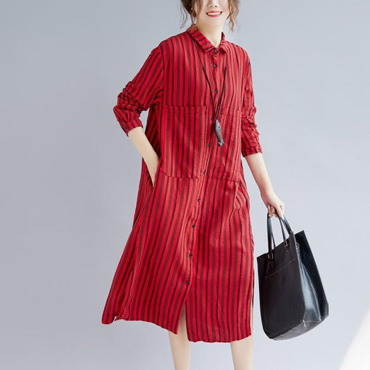 Fine Red Long Cotton Linen Shirt Dress Turn-down Collar Side Open Fine Long Sleeve Pockets Cotton Linen Shirt Caftans