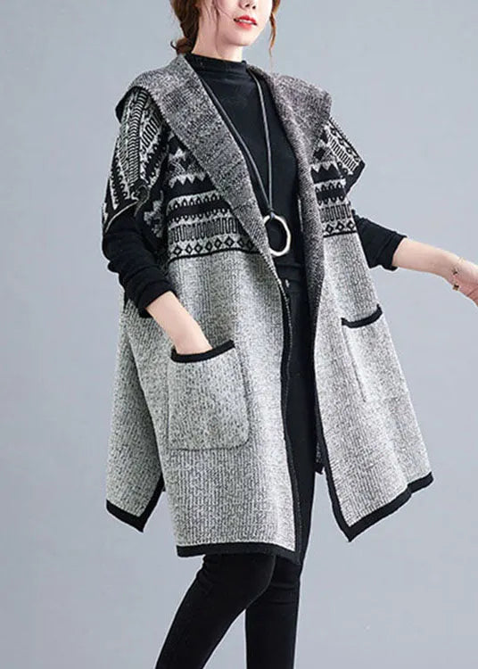 Grey Hooded Short Sleeve Pockets Loose Fall Knit Sweater Cardigans