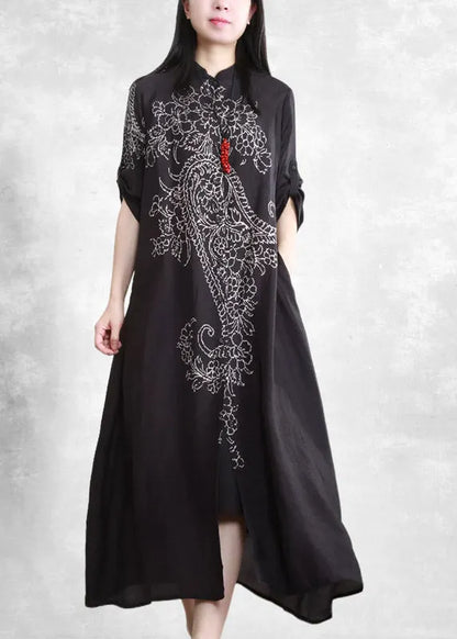 Black Stand Collar Button Print Pockets Linen Cardigans Half Sleeve