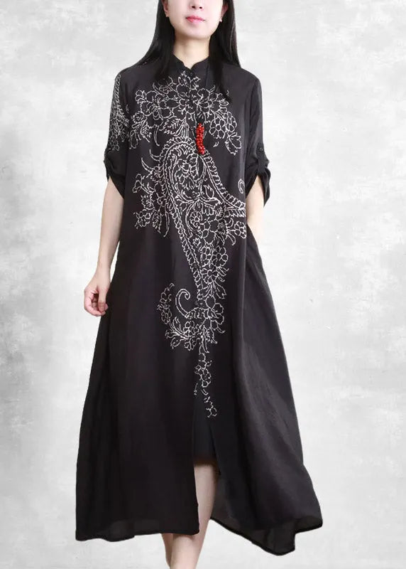 Black Stand Collar Button Print Pockets Linen Cardigans Half Sleeve