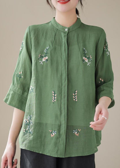 Green Stand Collar Embroidered Patchwork Linen Tops Summer