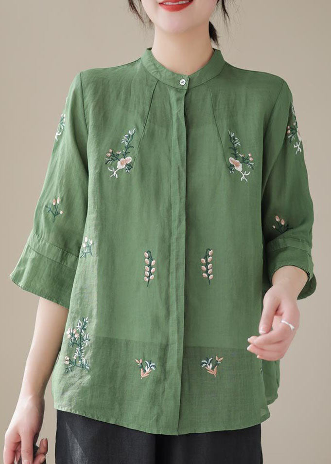 Green Stand Collar Embroidered Patchwork Linen Tops Summer