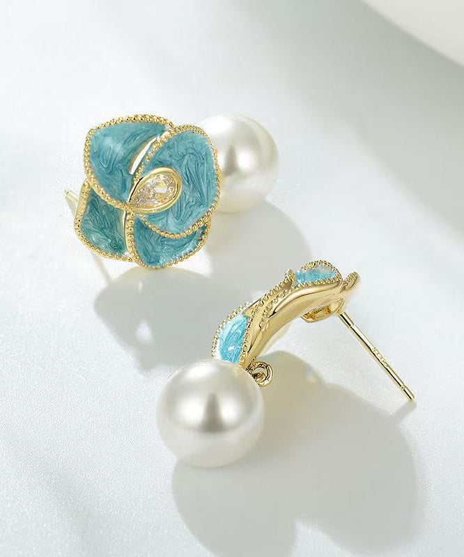 Blue Copper Alloy Pearl Enamel Drop Earrings