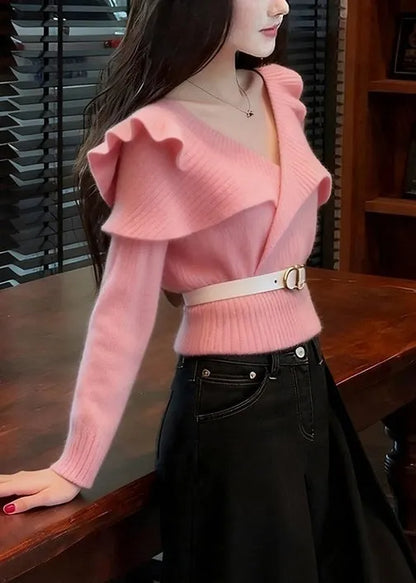 Art Pink V Neck Ruffled Knit Sweater Fall