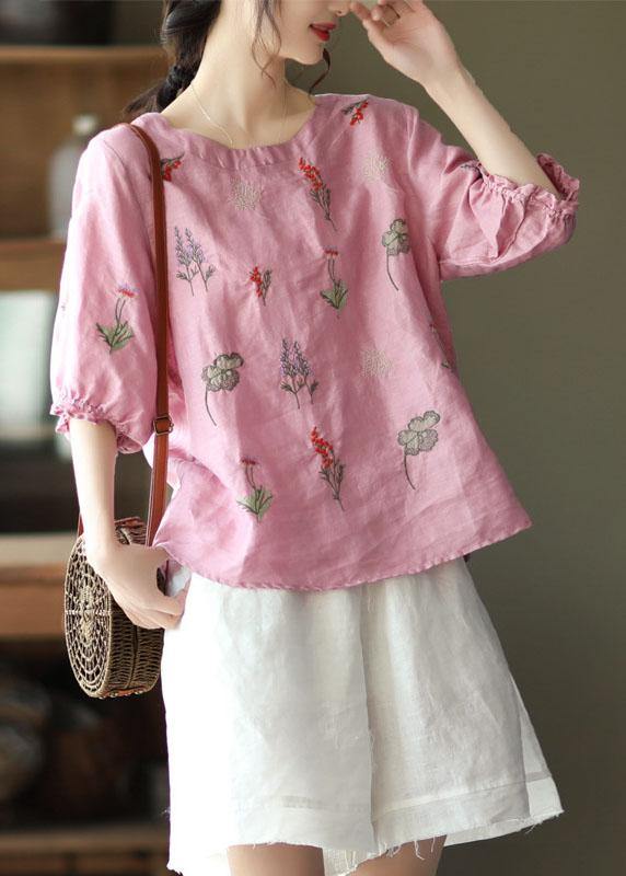 Pink O-neck Embroidered Summer Ramie Blouses Half Sleeve