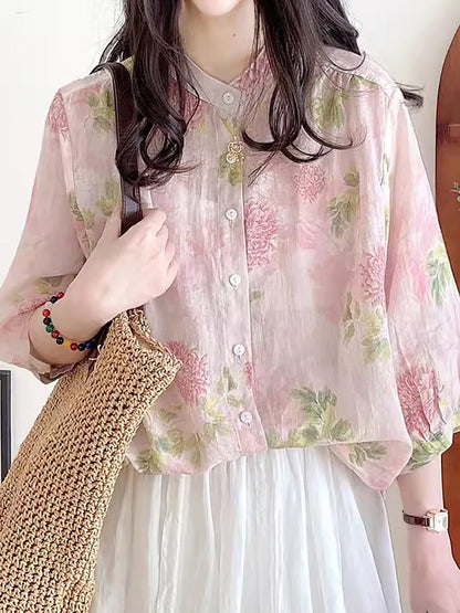 Summer Flower Ramie Button-up Shirt