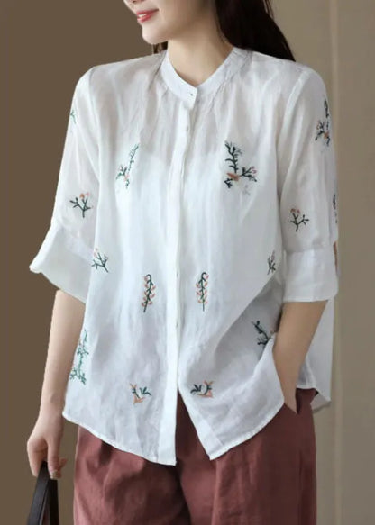 White Stand Collar Embroidered Patchwork Linen Tops Summer