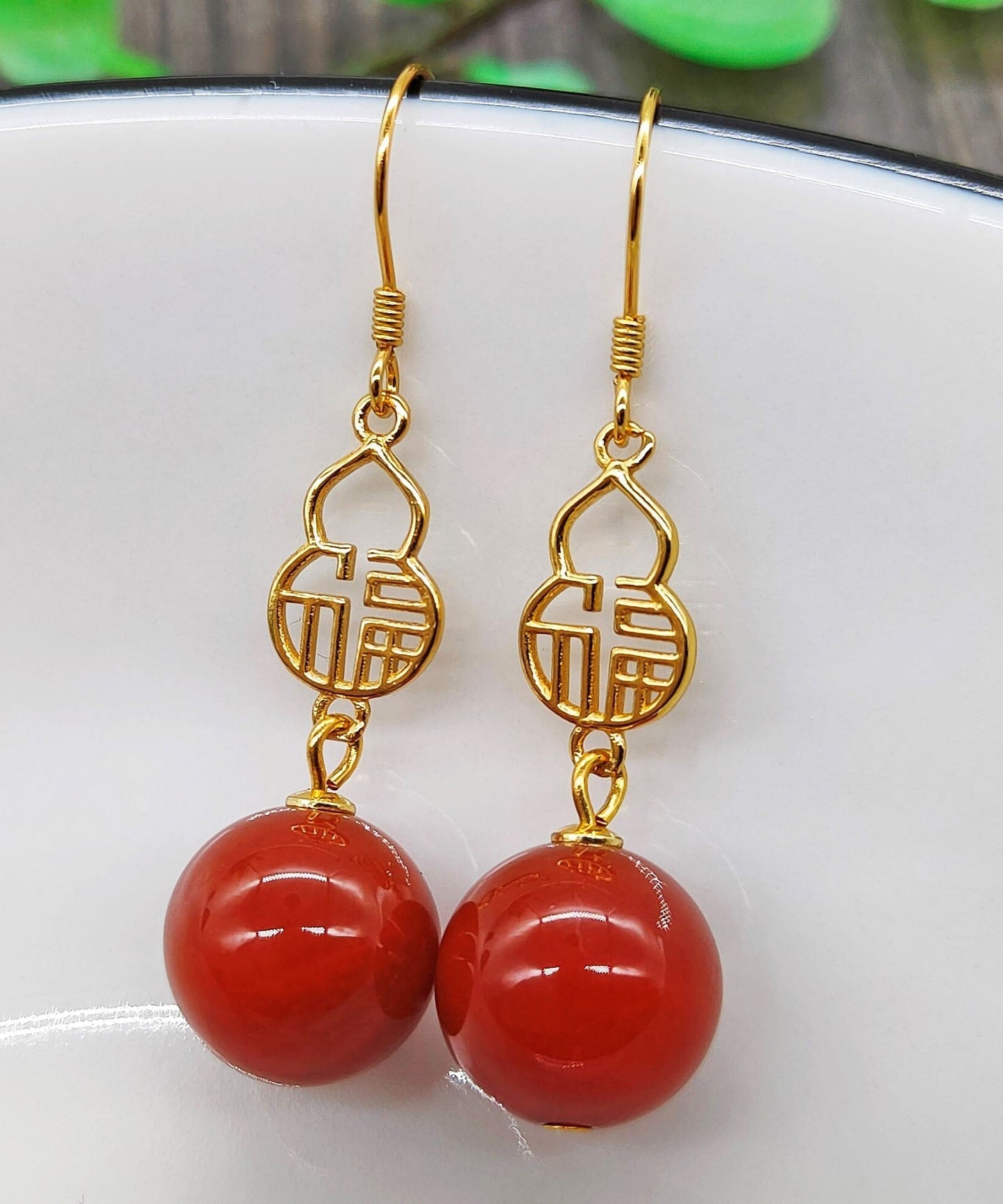 Red Sterling Silver Overgild Agate Graphic Drop Earrings