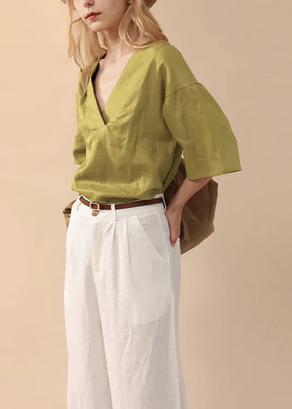 Simple Style Green V Neck Linen T Shirts Summer