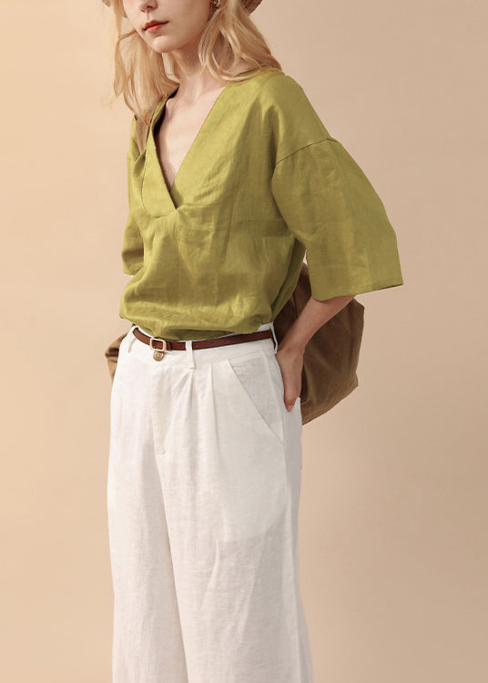 Simple Style Green V Neck Linen T Shirts Summer