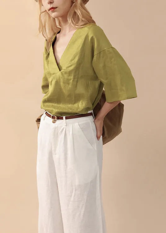 Simple Style Green V Neck Linen T Shirts Summer