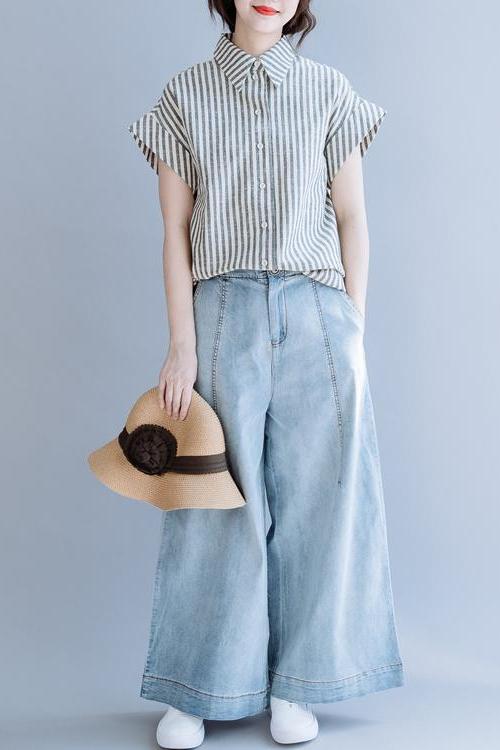 Gray Striped Cotton Linen Blouse Summer Tops
