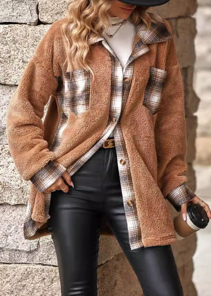 Unique Khaki Peter Pan Collar Pockets Patchwork Fuzzy Fur Fluffy Coat Fall