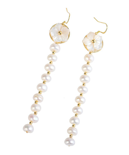 Skinny White Sterling Silver Overgild Pearl Shell Flower Tassel Drop Earrings