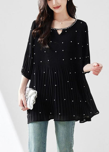 Modern Black O-neck Nail Bead Silk Top Half Sleeve