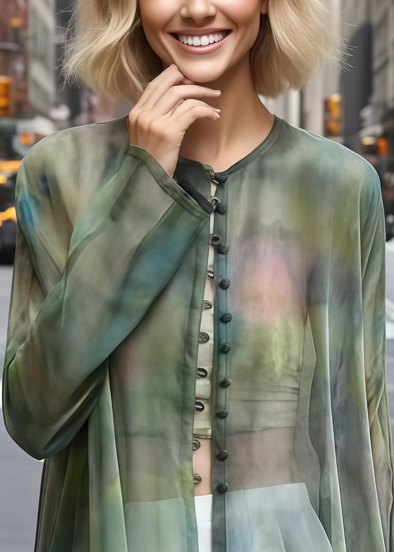 Green Tie Dye Chinese Button Chiffon Sheer Cardigan Summer