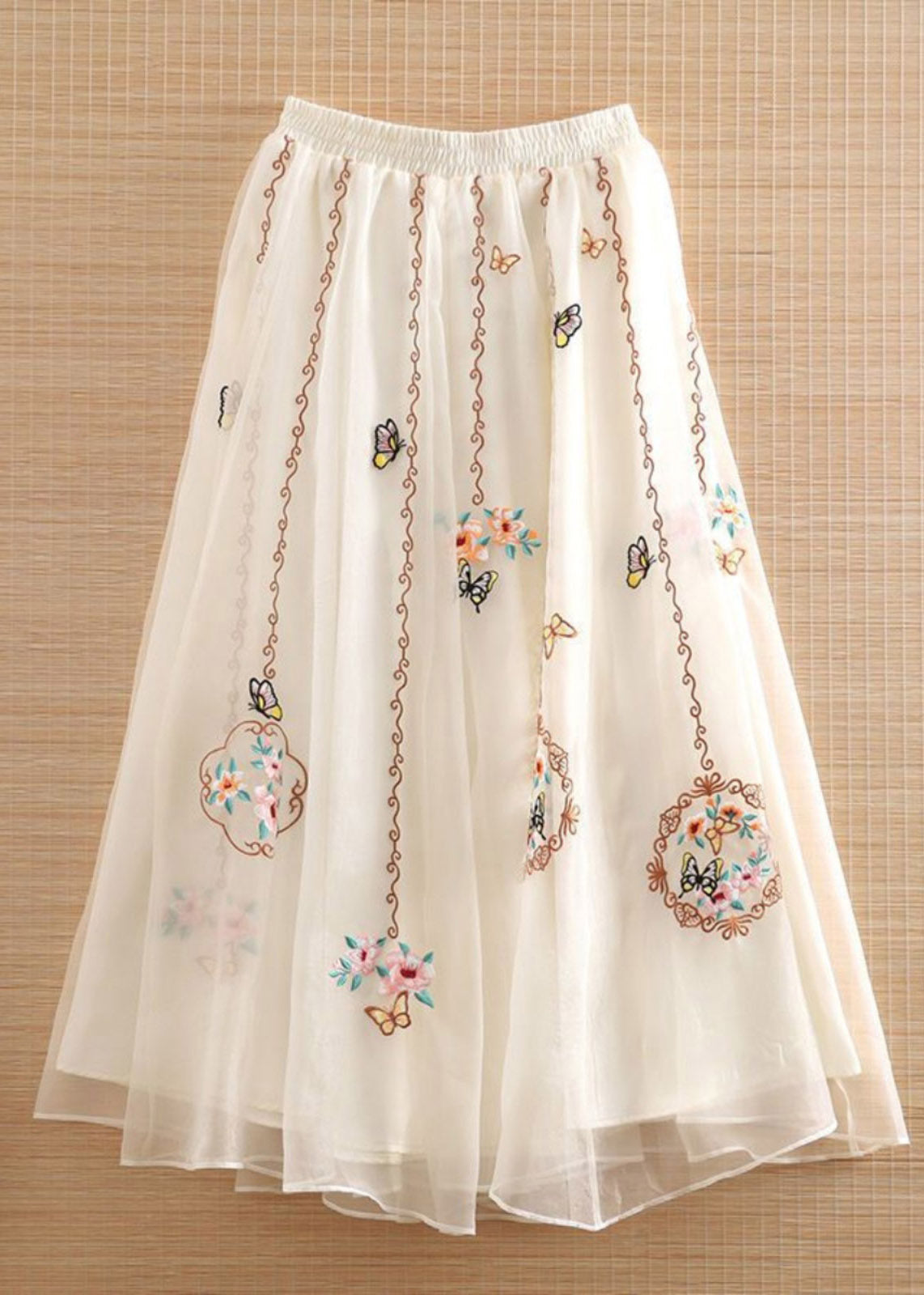 Black Elastic Waist Embroidered Tulle Maxi Skirts Summer