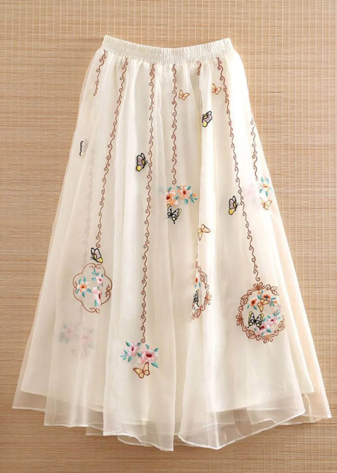 Black Elastic Waist Embroidered Tulle Maxi Skirts Summer