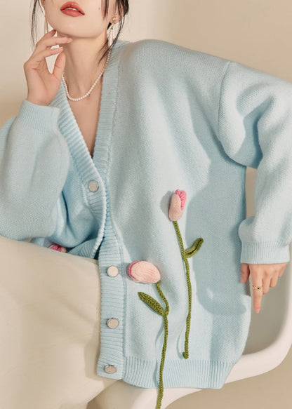 Loose Cozy Blue V Neck Knit Cardigan Fall
